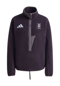 Giacca in pile di colore viola scuro con colletto alto, chiusura frontale con bottoni e due loghi. Presenta una tasca sul petto con un design a contrasto.