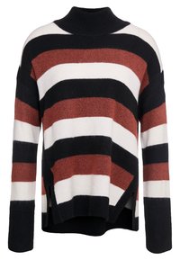 Pruhovaný svetr s rolákem v černé, bílé a rezavě červené barvě. Měkká textura a boční rozparky na spodním lemu.