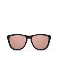 Mustad mustakad sunglassid roosade läätsega; mati viimistlusega; ümarate nurkadega; mingeid nähtavaid brände ega kaunistusi ei ole.