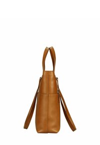 Sac à main en cuir marron avec deux poignées courtes et une longue sangle réglable. Présente une texture lisse et une forme moderne et épurée.