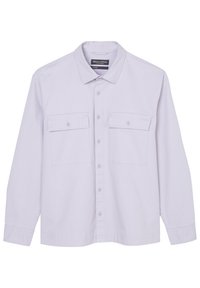 Camicia a maniche lunghe di colore lilla, realizzata in cotone, con chiusura frontale a bottoni, due tasche sul petto e colletto classico. Design semplice e privo di decorazioni.