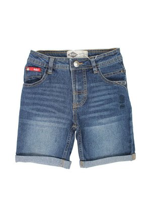 Shorts en denim bleu moyen avec une coupe classique, ourlet replié, design à cinq poches et détails de décoloration subtils. Fermeture à bouton métallique à la taille.