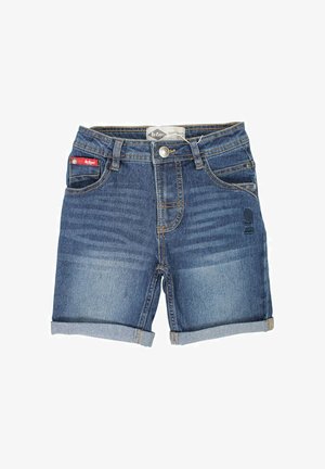 Shorts en denim bleu moyen avec une coupe classique, ourlet replié, design à cinq poches et détails de décoloration subtils. Fermeture à bouton métallique à la taille.
