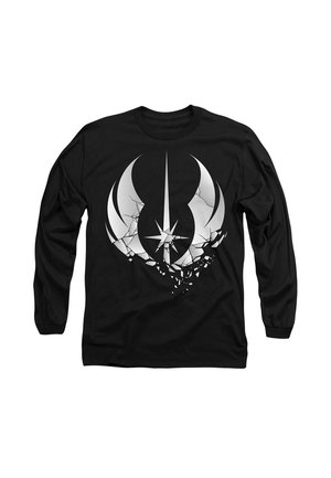 Schwarzes Langarmshirt mit einem rissigen, weißen Jedi-Emblem und einem zentralen Stern-Design. Hergestellt aus Baumwolle, mit geripptem Kragen und Bündchen.