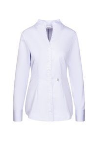 Camicia da donna a maniche lunghe con bottoni, a righe sottili azzurre e bianche, con colletto alla coreana e piccolo fiore nero ricamato sul davanti.