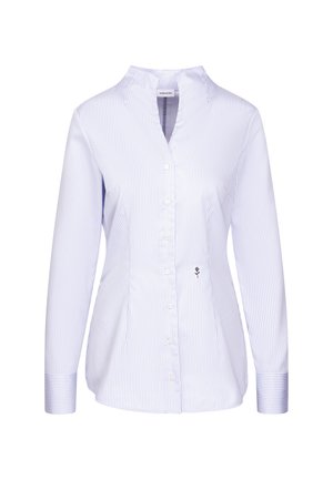 Dames blouse met lange mouwen, lichtblauw en wit dun gestreept, met knopen en een mandarin kraag, voorzien van een klein zwart geborduurd bloemetje aan de voorkant.