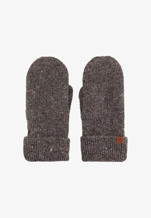 Knitted wool mittens in dark gray with speckled texture. Ribbed cuffs and a small leather logo accent on one mitten.