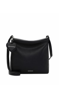 Black leather shoulder bag with a textured finish, featuring a detachable heart-shaped charm, and an adjustable strap for convenience.