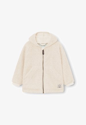 Μπουφάν παιδικό με κουκούλα από φλις σε εκρού χρώμα, με μπροστινό φερμουάρ και πλαϊνές τσέπες, κατασκευασμένο από απαλό υλικό με υφή και μια μικρή ετικέτα κοντά στο τελείωμα.