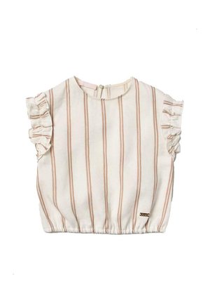 Top corto bianco a maniche corte con strisce verticali rosa e beige, con rifiniture a volant sulle maniche e orlo arricciato. Presenta una chiusura con zip sul retro.