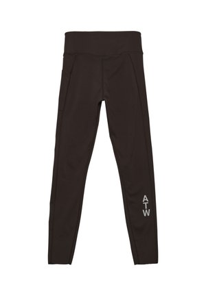 Czarne legginsy sportowe z wysokim stanem, bocznymi kieszeniami i odblaskowym logo "ATW". Gładki materiał z dopasowanym krojem i starannym wykończeniem.