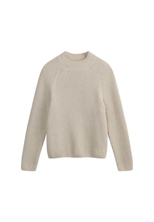 Light beige ribbed knit sweater with a crew neck, raglan sleeves, and a relaxed fit. The texture is soft and slightly stretchy.