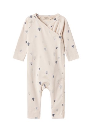 Beige baby romper med en omslagdesign og små blå luftballong-mønstre. Den inkluderer trykknapper langs den ene siden for enkel påkledning.