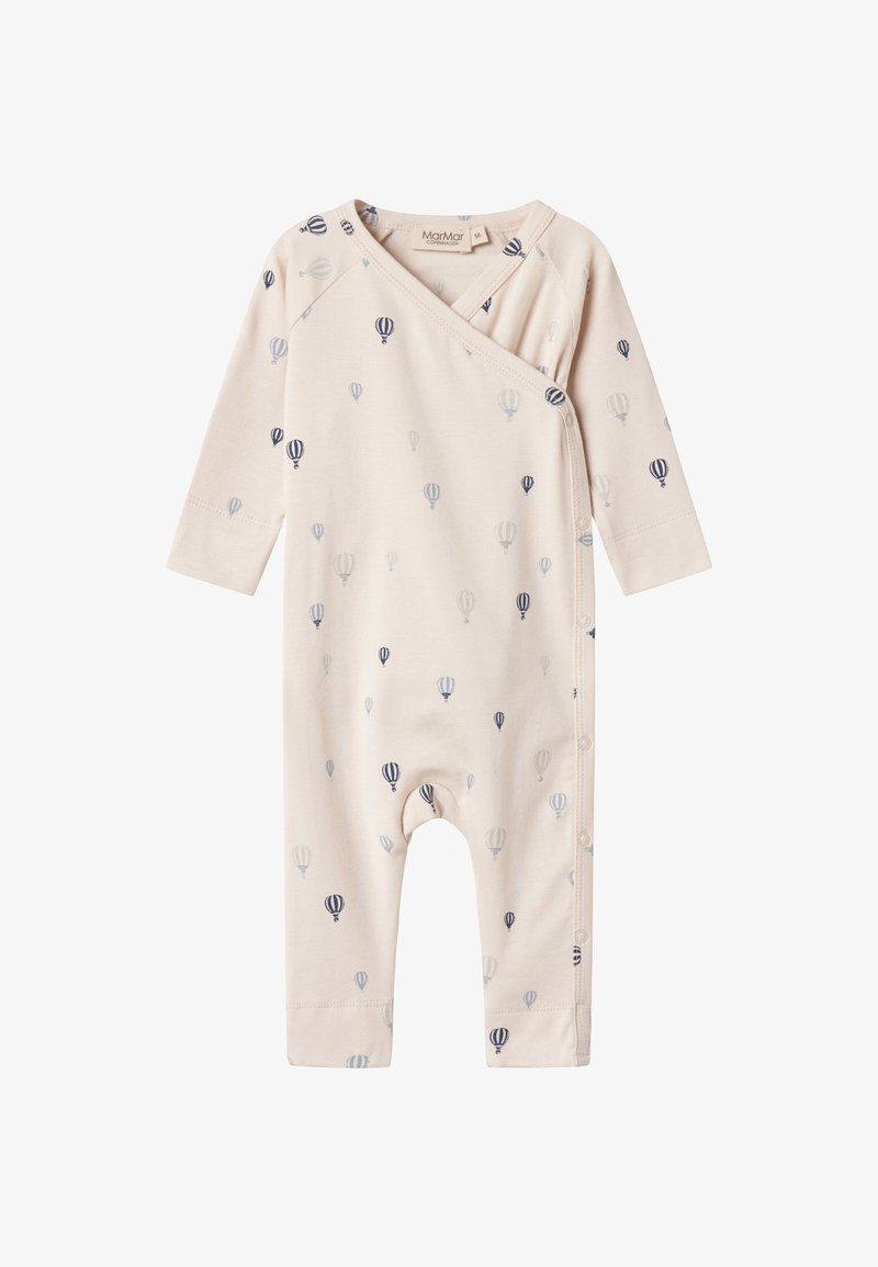 Béžový detský overal s prekladaným dizajnom a malými modrými vzormi balónov. Obsahuje patentky pozdĺž jednej strany pre jednoduché obliekanie.