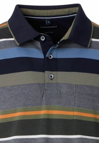 Multi-striped polo shirt in navy, green, blue, and orange. Features a collared neckline, three-button placket, and textured fabric.