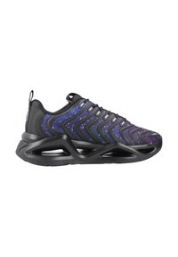 Scarpa sportiva nera con una tomaia sfumata in viola e blu caratterizzata da un design ondulato, materiale in rete e una suola nera imbottita.