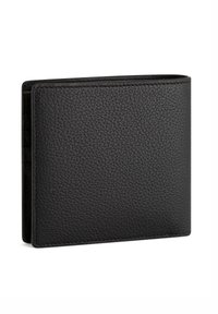 Black leather wallet with a pebbled texture, bi-fold design, and visible stitching. Features multiple card slots and a slim profile.