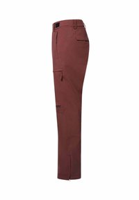 Maroon outdoor pants with a straight-leg design, made of durable fabric. Features include cargo and zippered pockets for storage.