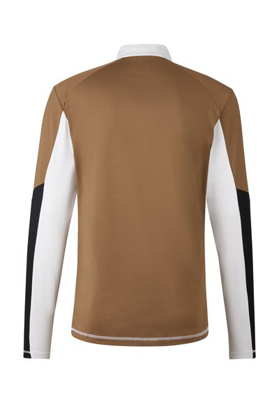Bruine lange mouwen shirt met witte en zwarte paneelaccenten, een kraag en een gladde textuur met contrasterende stiksels aan de zoom.