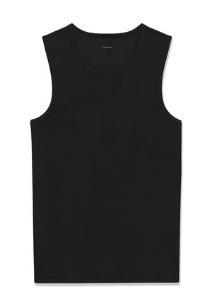 Black sleeveless ribbed knit tank top with round neckline and a small brand label inside at the back collar.