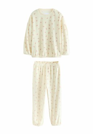 Light yellow pajama set made of soft fabric, featuring a floral pattern in pink. Top has a round neck, while pants have an elastic waistband.