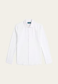 Witte lange mouw shirt met een klassieke kraag, knoopsluiting en een gladde textuur. Geen patronen; heeft manchetjes en een label in de hals.