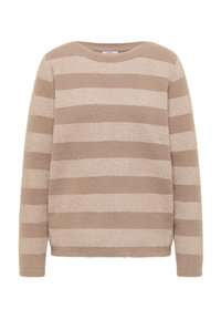 Beżowy i jasnobrązowy sweter w poziome paski z dzianiny, z długimi rękawami i okrągłym dekoltem.
