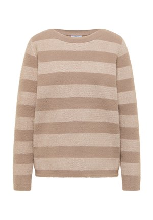 Beige en lichtbruine trui met horizontale strepen, gebreid, met lange mouwen en een ronde hals.