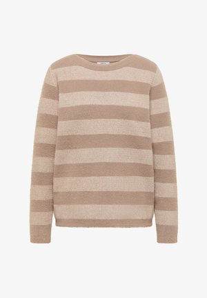 Beige en lichtbruine trui met horizontale strepen, gebreid, met lange mouwen en een ronde hals.