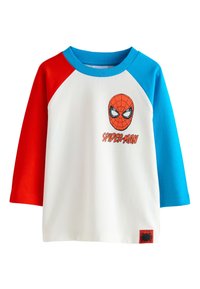 Maglietta a maniche lunghe raglan rossa e blu in cotone con corpo bianco. Presenta una grafica e il logo di Spider-Man sul davanti.