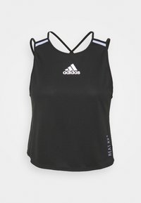 Svart atletisk linne med en strukturerad mesh-tyg, som har en korsad ryggdesign, vitt adidas-logotyp och texten "HEAT.RDY" på sidan.