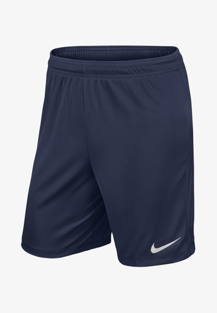 Mørkeblå atletikshorts med elastisk taljebånd og hvid Nike swoosh-logo på det nederste venstre ben.