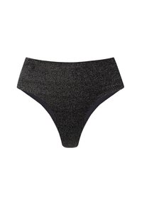 Czarny bikini wysoki w talii o błyszczącej teksturze, z gładkim wewnętrznym wykończeniem i minimalnymi detalami szwów.