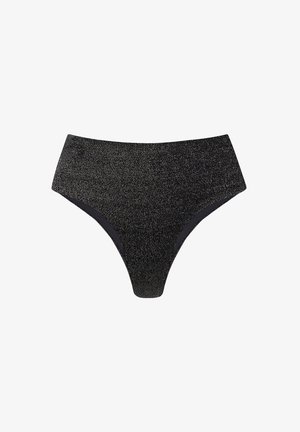 Czarny bikini wysoki w talii o błyszczącej teksturze, z gładkim wewnętrznym wykończeniem i minimalnymi detalami szwów.