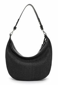 Bolso negro de tejido con forma curva, que presenta una correa de cuero suave y sutiles detalles de metal plateado. La superficie texturada añade profundidad.