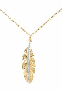 Zelta spalvu pūka kulons ir ar detaļām veidota lapu dizainu un sudraba akcentu, ar iegravētiem rhinestones gar centrālo līniju. Komplektā iekļauta ķēdīte.