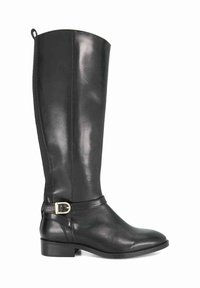 Black leather knee-high boot with a rounded toe, featuring a gold buckle accent and a low heel for stability and comfort. Smooth texture.