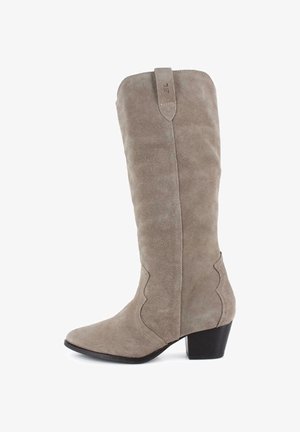 Botas de ante hasta la rodilla en beige con puntera puntiaguda, costuras ligeramente curvadas y un tacón de madera apilado. Con un lazo en la parte posterior para mayor comodidad.