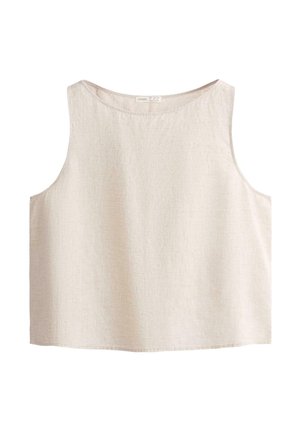 Ärmelloses beiges Leinen-Crop-Top mit weitem rundem Ausschnitt und geradem Saum.