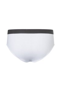 Białe bawełniane majtki z szarym elastycznym paskiem w talii. Projekt charakteryzuje się gładką teksturą i średnim stanem, zapewniając pełne pokrycie.