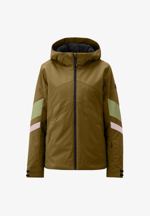 Olive green jacket with a hood, featuring diagonal color-blocked stripes in light pink and green. Smooth texture, front zipper, and side pockets.