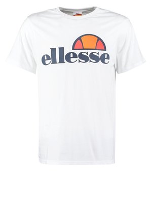 T-shirt blanc à manches courtes avec logo "ellesse" en bleu foncé et demi-cercle orange centré sur la poitrine.