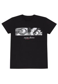 Zwarte katoenen t-shirt met een grafiek van brede ogen met gedetailleerde shading, en de tekst "Junji Ito Collection" in het rood onder het beeld.