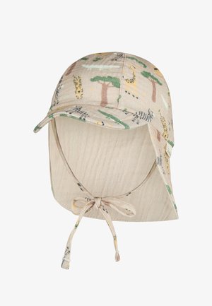 Light beige cotton sun hat with a curved brim, featuring a playful animal and tree print. Includes a neck flap and adjustable tie.