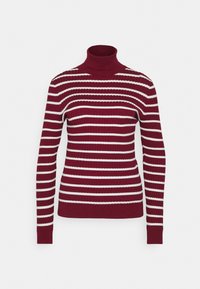 Pull en tricot col roulé bordeaux avec des rayures horizontales blanches. Texture côtelée, manches longues ajustées et col bien ajusté.
