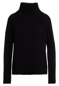 Black ribbed turtleneck sweater with long sleeves and a relaxed fit. Textured knit fabric and side slits at the hem for ease of movement.