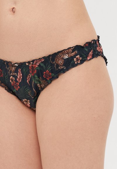 Λουλουδάτο μπικίνι κάτω μέρος σε σκοτεινό ναυτικό χρώμα, με φρουφρού άκρη, λεοπάρ μοτίβο και τροπικά φύλλα. Ελαφρύ υλικό με μαλακή υφή.
