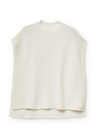 Suéter de punto beige claro con un cuello redondo acanalado y mangas cortas amplias. Textura suave con un ajuste ligeramente holgado.
