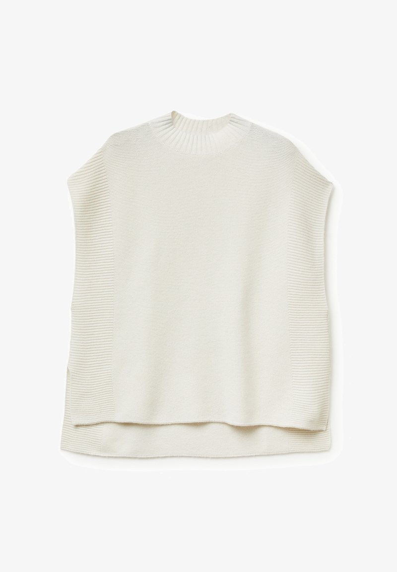 Světle béžový pletený svetr s vroubkovaným kulatým výstřihem a širokými krátkými rukávy. Hladká textura s mírně volným střihem.