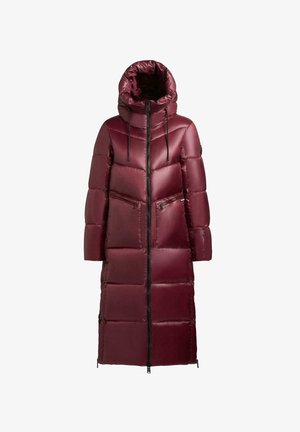 Cappotto lungo imbottito bordeaux con cappuccio, dotato di chiusura con zip, due tasche con zip e cordini elastici su cappuccio e polsini.